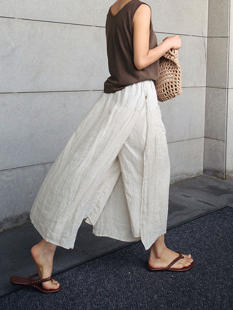 Women's Fake Two-piece Stitching One-piece Culottes Cotton and Linen Slit Casual Wide-leg Pants