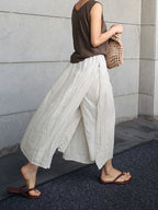 Women's Fake Two-piece Stitching One-piece Culottes Cotton and Linen Slit Casual Wide-leg Pants