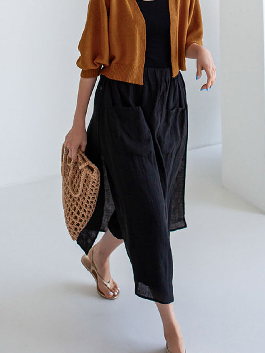 Women's Fake Two-piece Stitching One-piece Culottes Cotton and Linen Slit Casual Wide-leg Pants