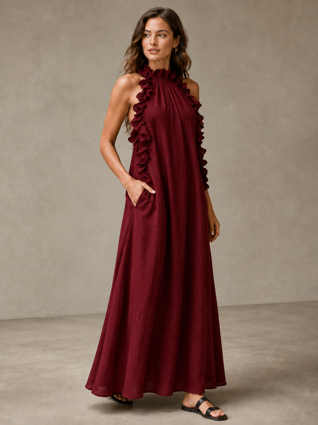 🌷🌷Breezy Halter Neck Ruffle Maxi Dress for Vacation & Summer Days