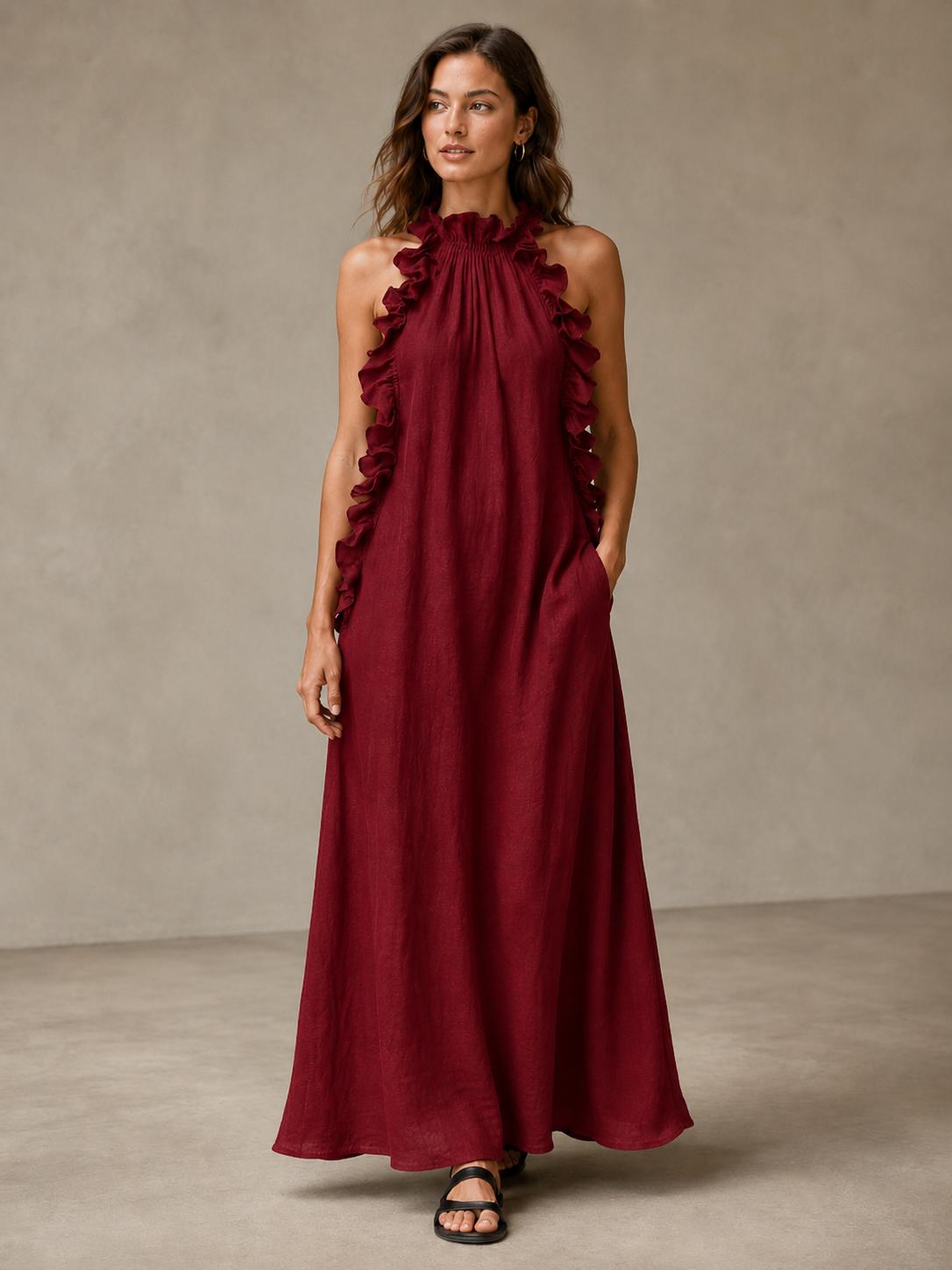 🌷🌷Breezy Halter Neck Ruffle Maxi Dress for Vacation & Summer Days