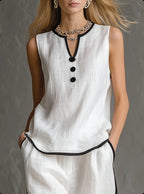 🌷🌷Contrast Trim Sleeveless Top & Wide-Leg Pants Two-Piece Set