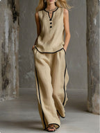 🌷🌷Contrast Trim Sleeveless Top & Wide-Leg Pants Two-Piece Set