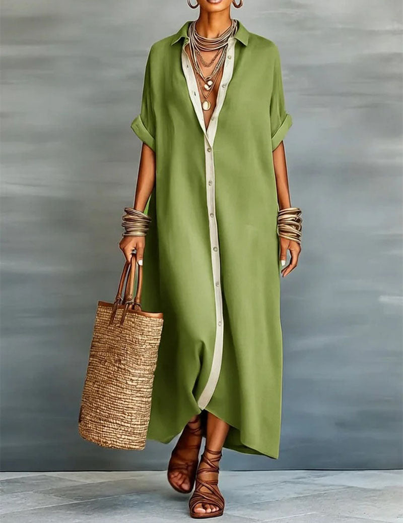 🌷🌷Oversized Button Down Shirt Dress Casual Collared Contrast Dress