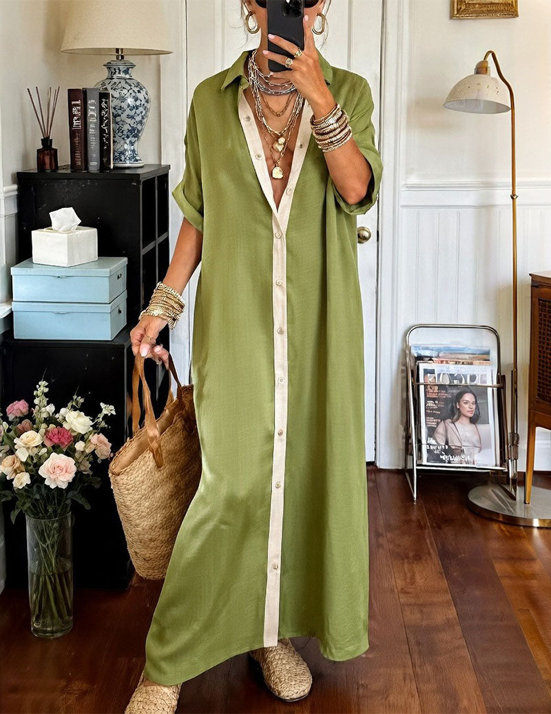 🌷🌷Oversized Button Down Shirt Dress Casual Collared Contrast Dress