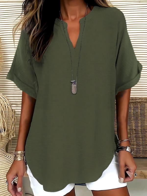 📦📦LAST DAY SAVE 49% ⏰Women's Plain Short Sleeve Blouse, Casual Solid Color Top for Daily Wear, Ladies Clothes for All Seasons