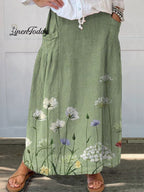 Women's Retro Floral Art Casual Linen Pocket Skirt
