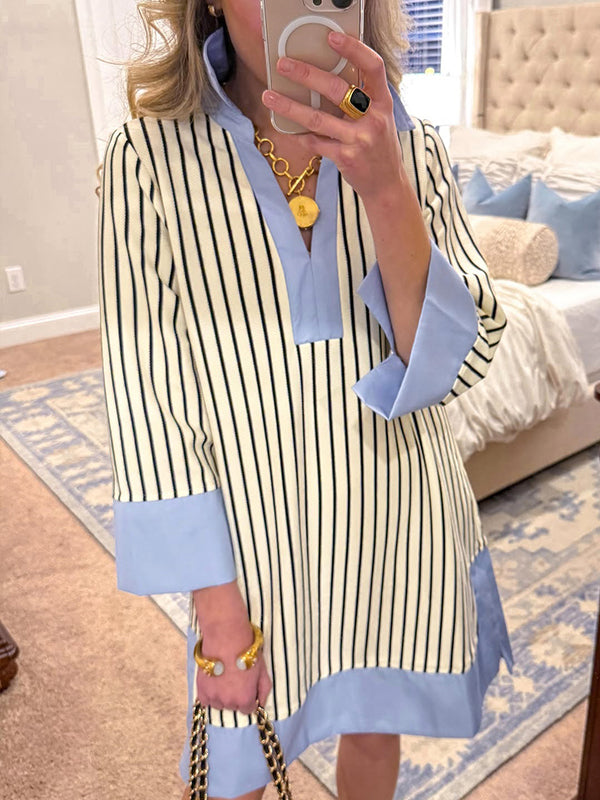 🎁New Arrivals🔥Striped Split V Neck Collared Shirt Dress