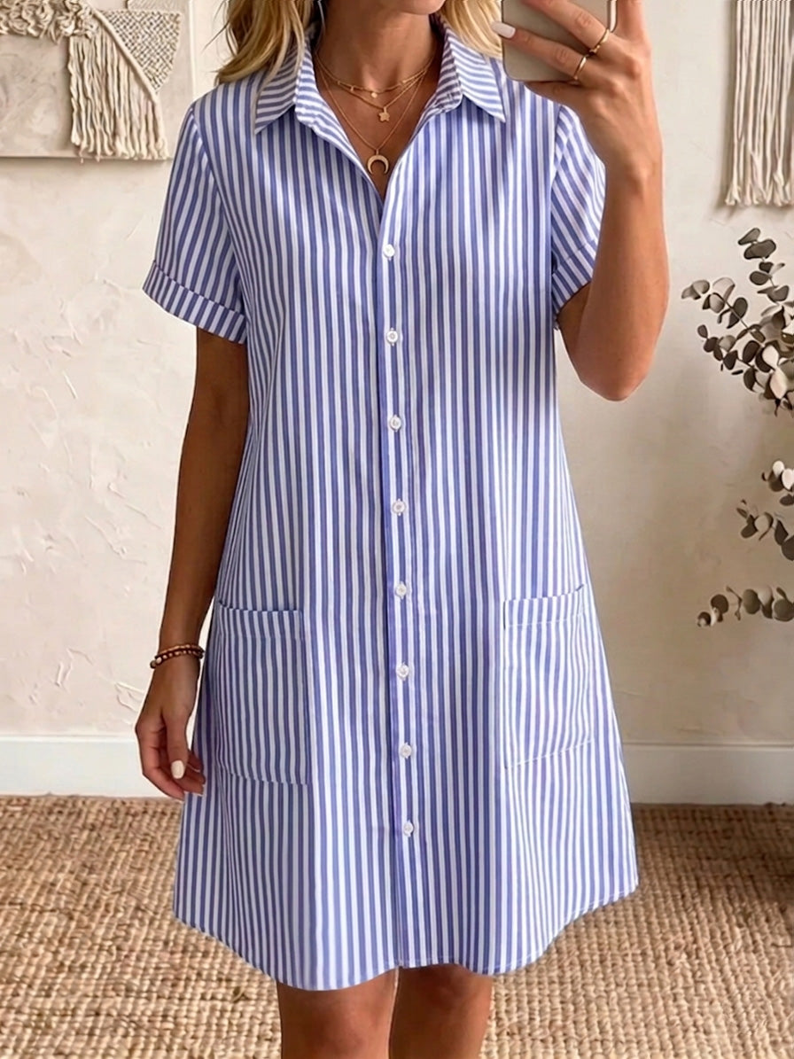 🎁New Arrivals🔥Women's Cozy Lapel Classic Striped Cotton Linen Shirt Dress