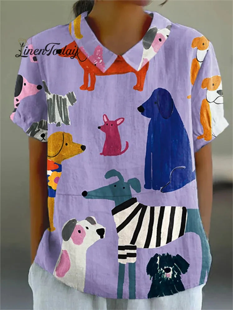 Women's  Dog Art  Print   Linen Pocket Skirt