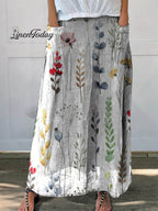 Women's Vintage Floral Art Print Casual Linen Pocket Skirt