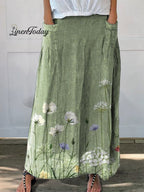 Women's Retro Floral Art Casual Linen Pocket Skirt
