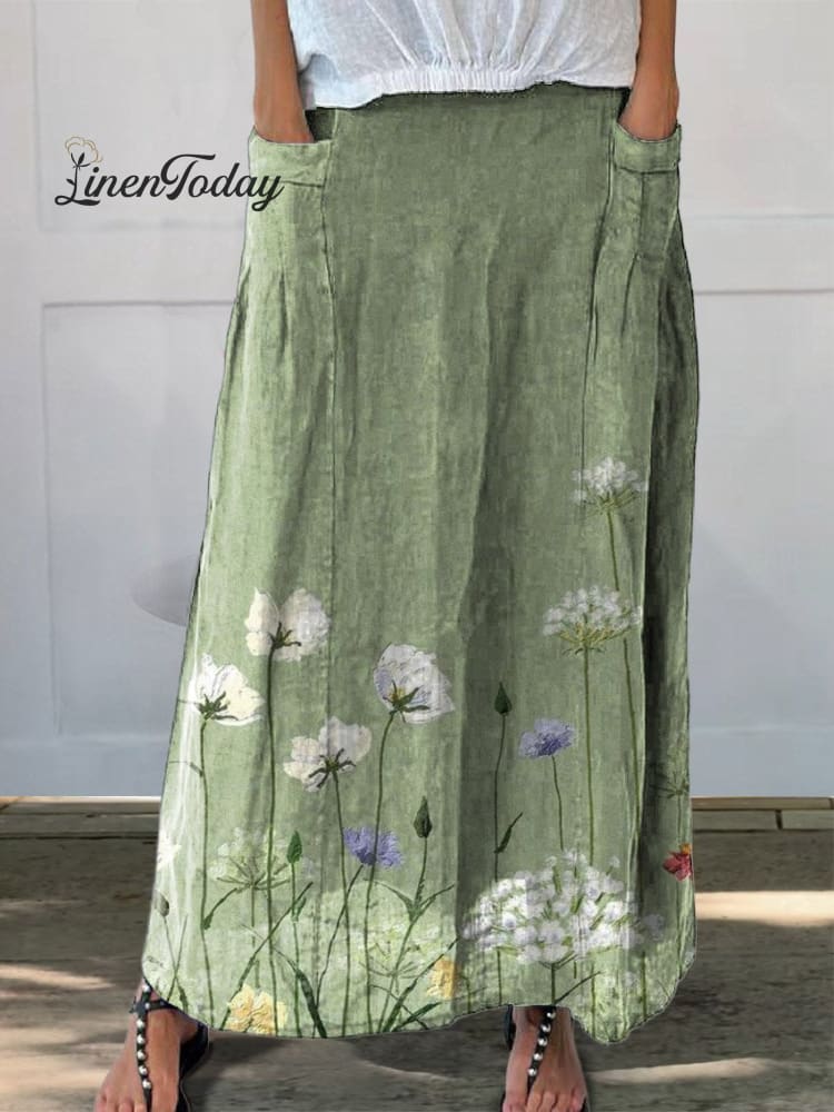 Women's Retro Floral Art Casual Linen Pocket Skirt