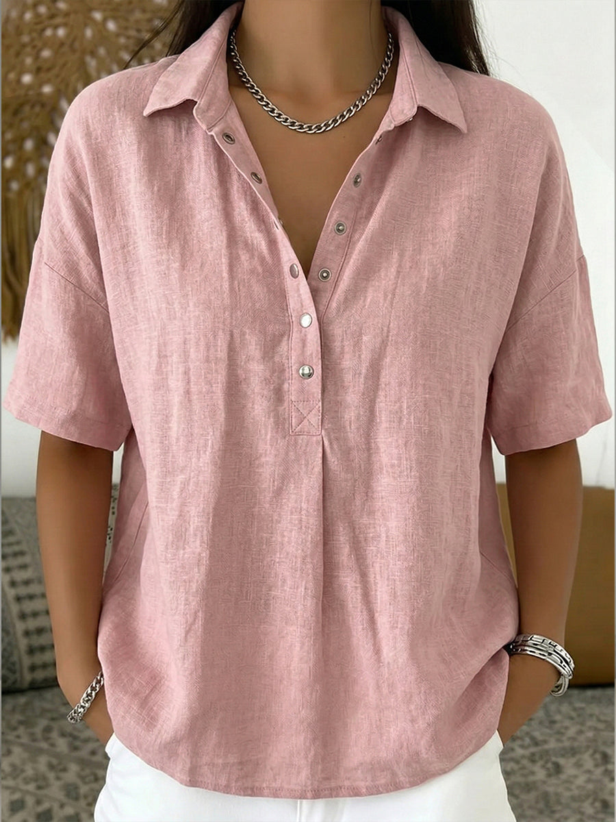Vintage-Inspired Cotton-Linen Polo Shirt - Soft Textured Casual Top