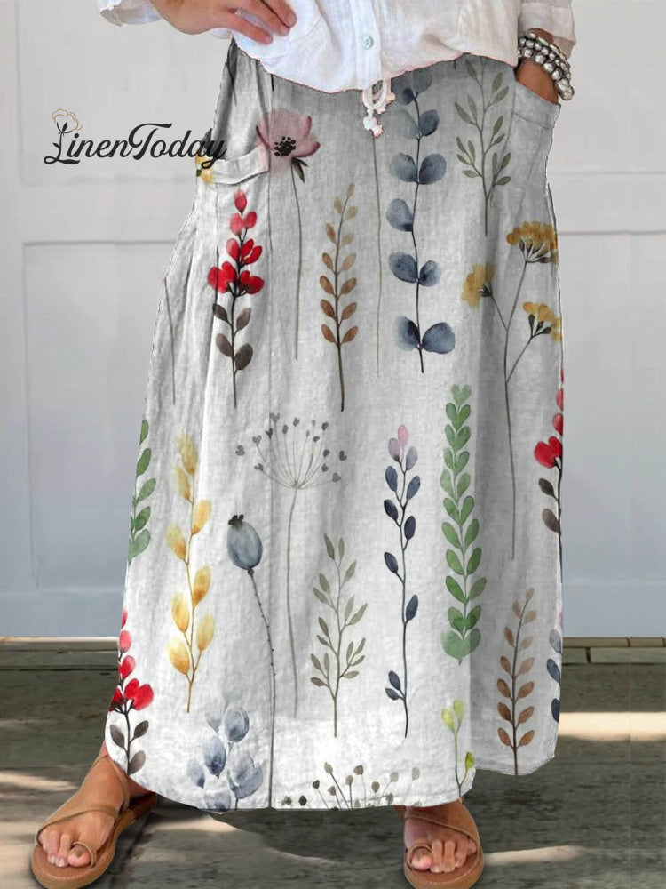 Women's Vintage Floral Art Print Casual Linen Pocket Skirt