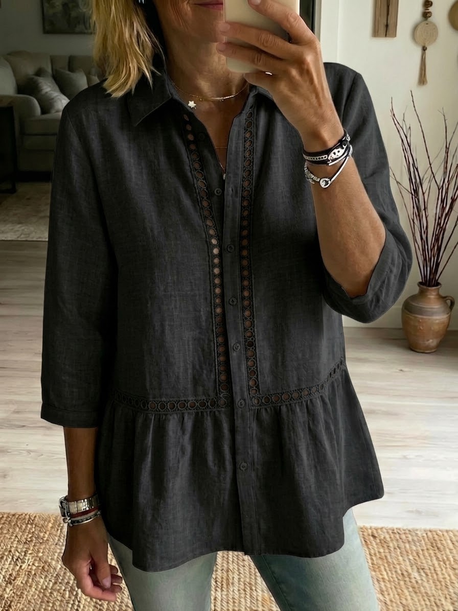 Effortless Bohemian Linen Blend Top with Delicate Hollow-Out Detail