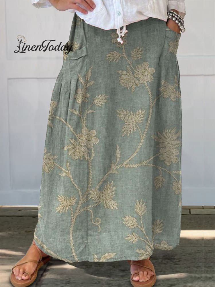 Women's Retro Floral Art Linen Pocket Skirt