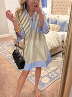 🎁New Arrivals🔥Striped Split V Neck Collared Shirt Dress