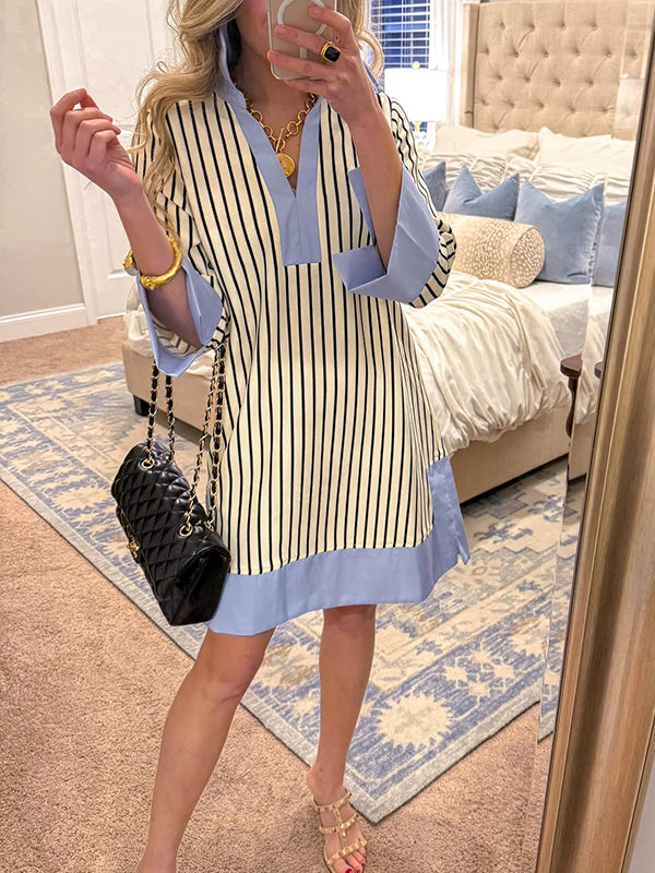 🎁New Arrivals🔥Striped Split V Neck Collared Shirt Dress