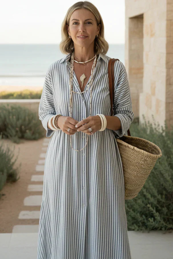 🌷Classic Striped Lace-Up Shirt Dress