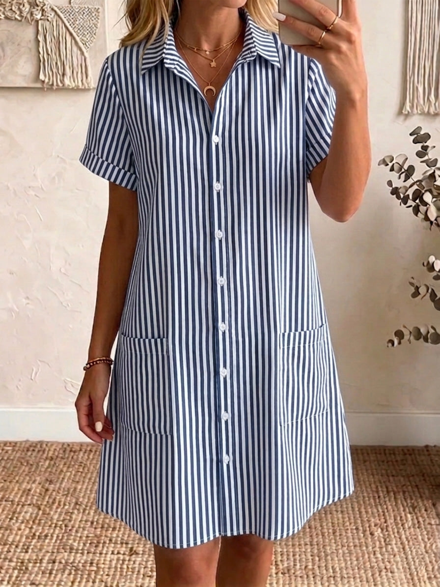 🎁New Arrivals🔥Women's Cozy Lapel Classic Striped Cotton Linen Shirt Dress