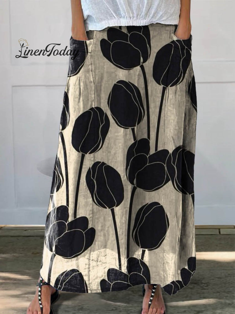 Women's Vintage Lovely Tulips Art Printed Linen Pocket Skirt