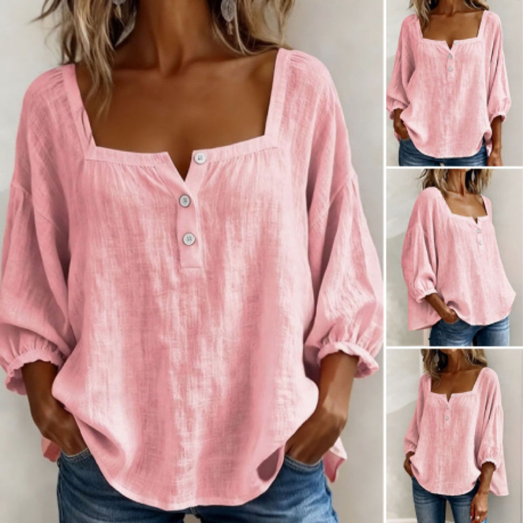 🎁New Arrivals🔥Pink Square-Neck Half-Button Shirt