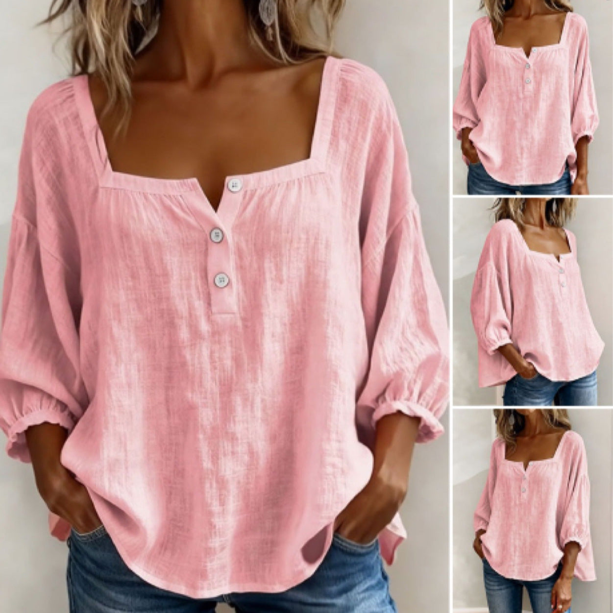 🎁New Arrivals🔥Pink Square-Neck Half-Button Shirt