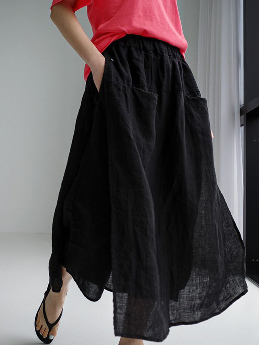 Women's Fake Two-piece Stitching One-piece Culottes Cotton and Linen Slit Casual Wide-leg Pants