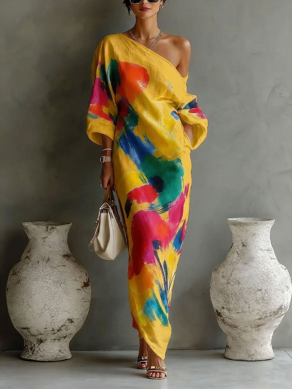 🌷🌷Women's Artistic Print One-shoulder Maxi Dress