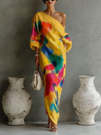 🌷🌷Women's Artistic Print One-shoulder Maxi Dress