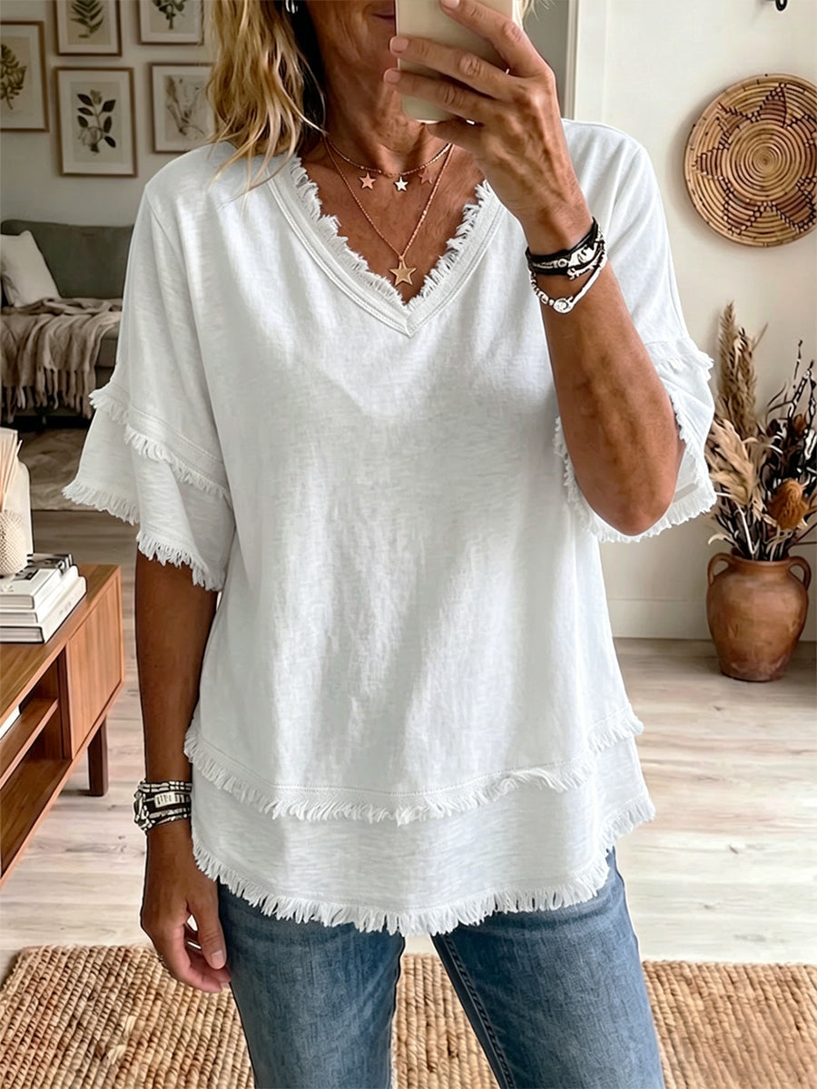 🌷Vintage Frayed V-Neck Linen Top
