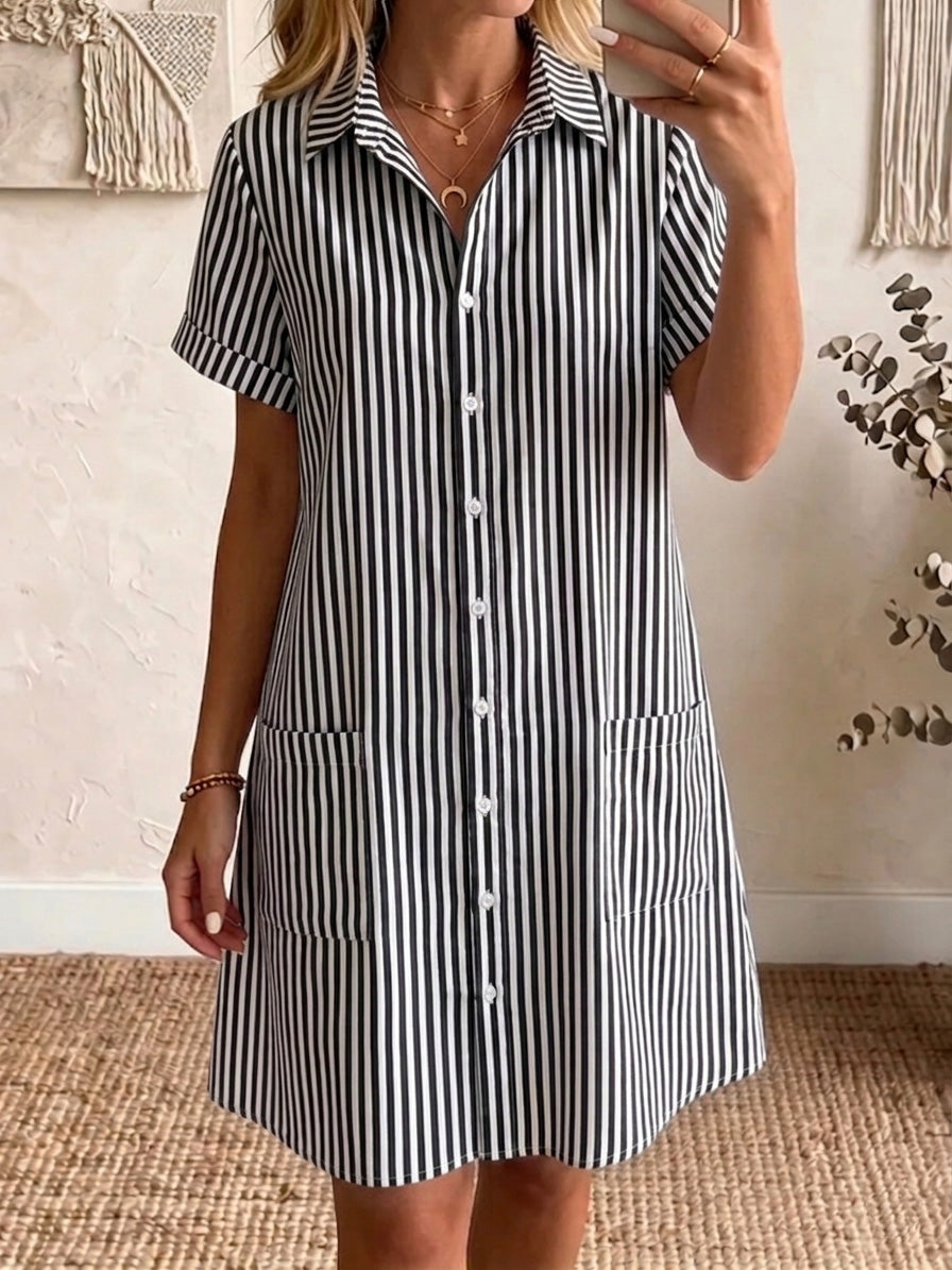 🎁New Arrivals🔥Women's Cozy Lapel Classic Striped Cotton Linen Shirt Dress