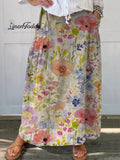 Women's Lovely Watercolor Floral Art Print Casual Linen Pocket Skirt