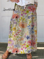Women's Lovely Watercolor Floral Art Print Casual Linen Pocket Skirt