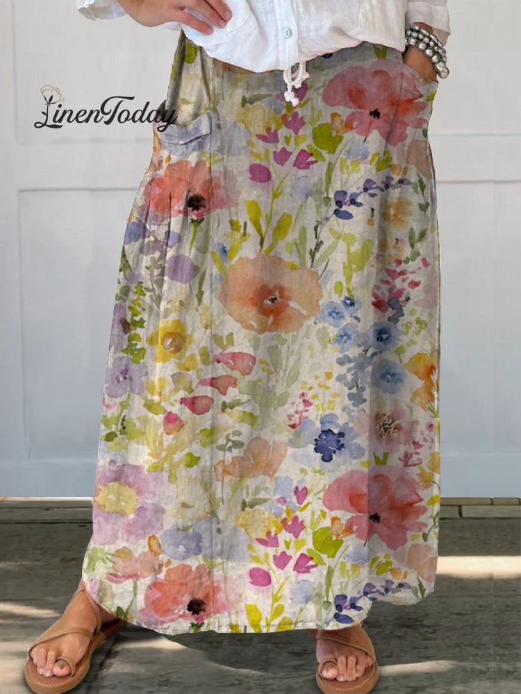 Women's Lovely Watercolor Floral Art Print Casual Linen Pocket Skirt