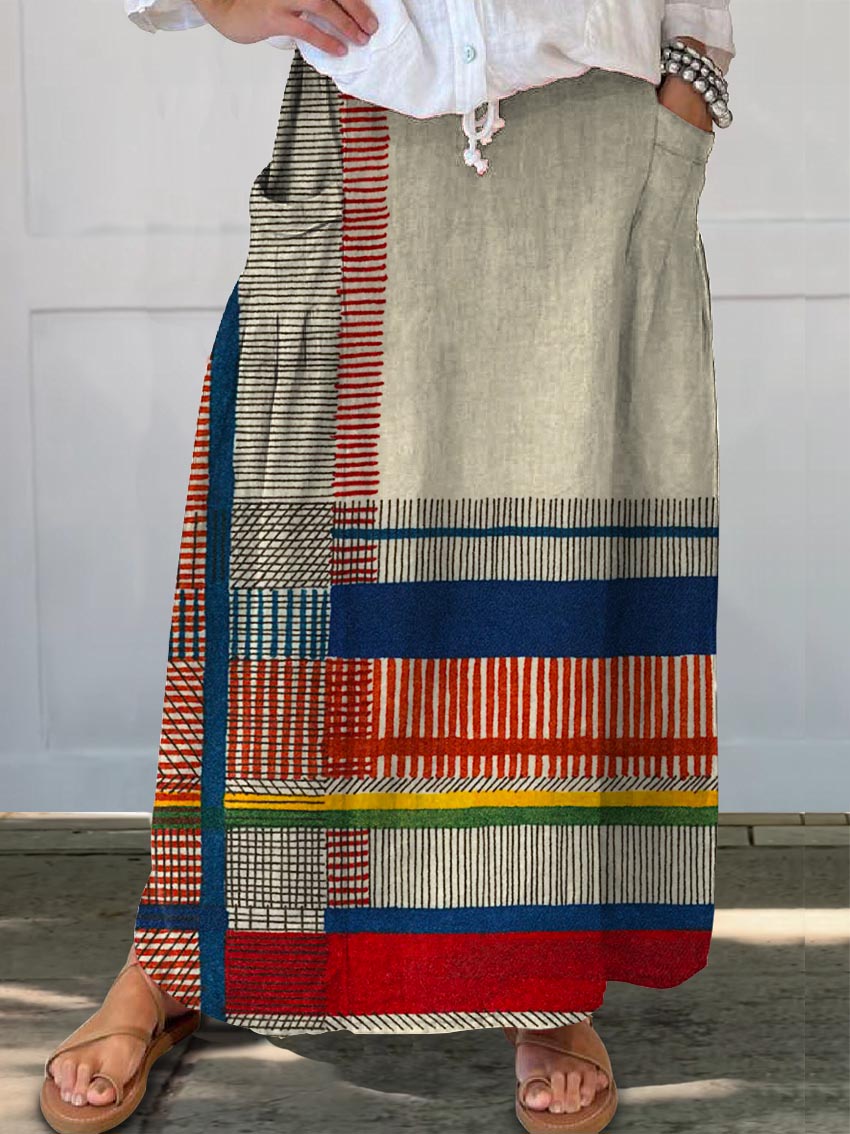 Women's Geometric Pattern Art Print Casual Cotton Linen Pocket Skirt