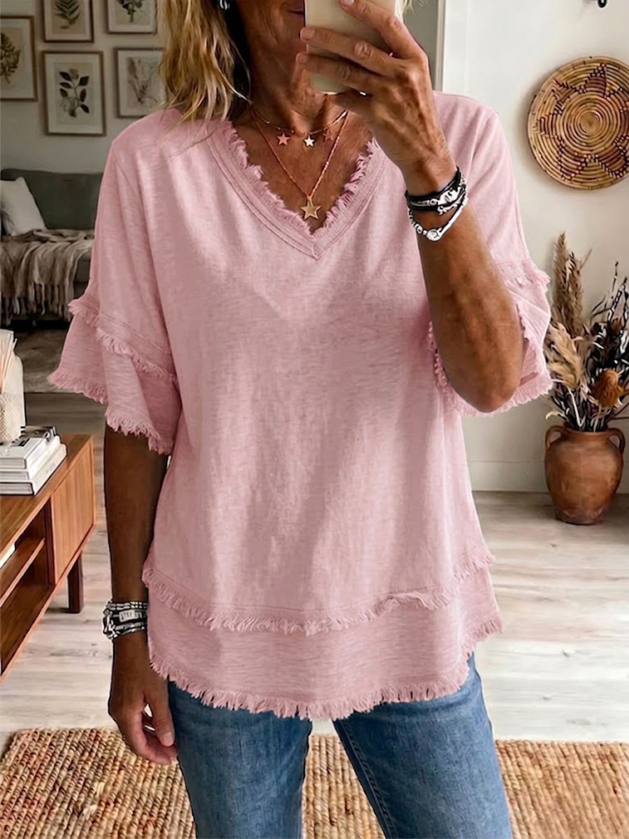 🌷Vintage Frayed V-Neck Linen Top