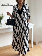💝💝Elegant Art Print Color Block Trim V-neck Midi Dress