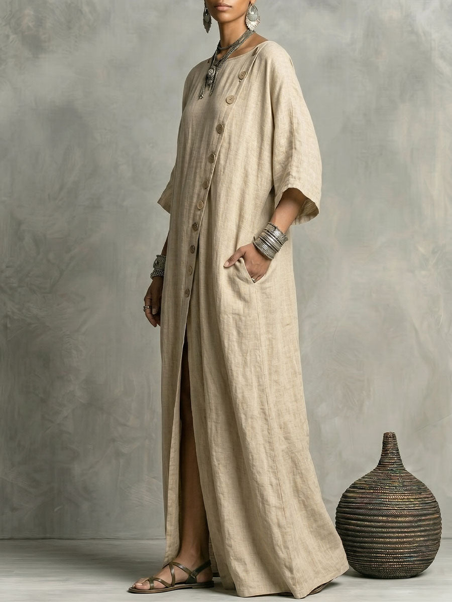 🎁New Arrivals🔥Women's Round-neck 3/4-sleeve Single-breasted Cotton-linen Maxi Dress