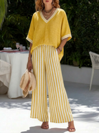 💝💝Casual Two-piece Set: Striped Linen & Cotton Patchwork Top And Striped Trousers— Look Put Together in 5 Seconds