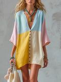 🎁New Arrivals🔥Women's Casual Loose-fit Color-block Cotton-linen Short-sleeve Mini Dress