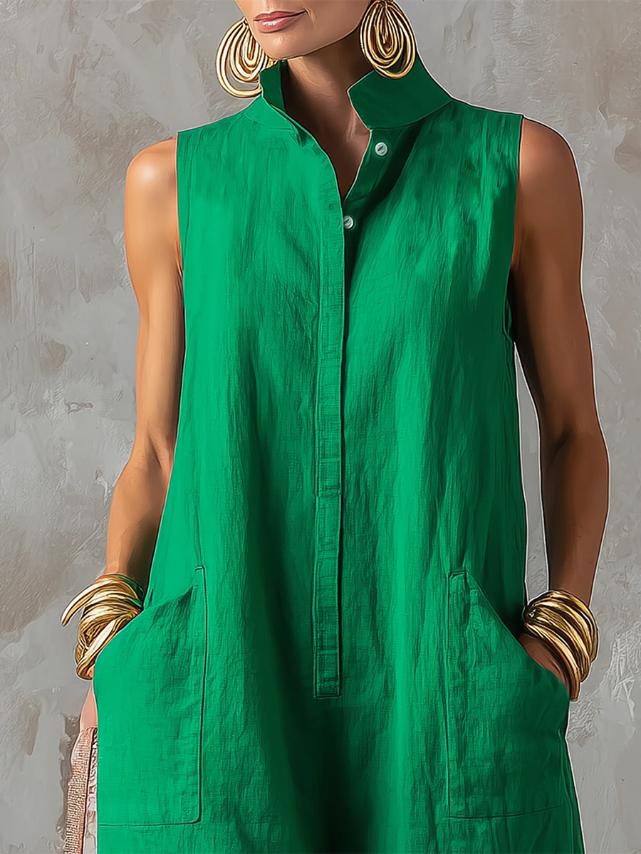🎁New Arrivals🔥Minimalist & Elegant Stand-collar Sleeveless Cotton-linen Wide-leg Jumpsuit