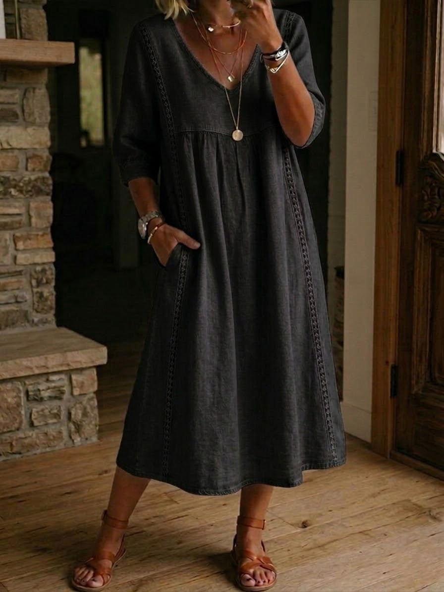📦📦Casual Loose-fitting Patchwork Lace Trim Linen And Cotton Dress