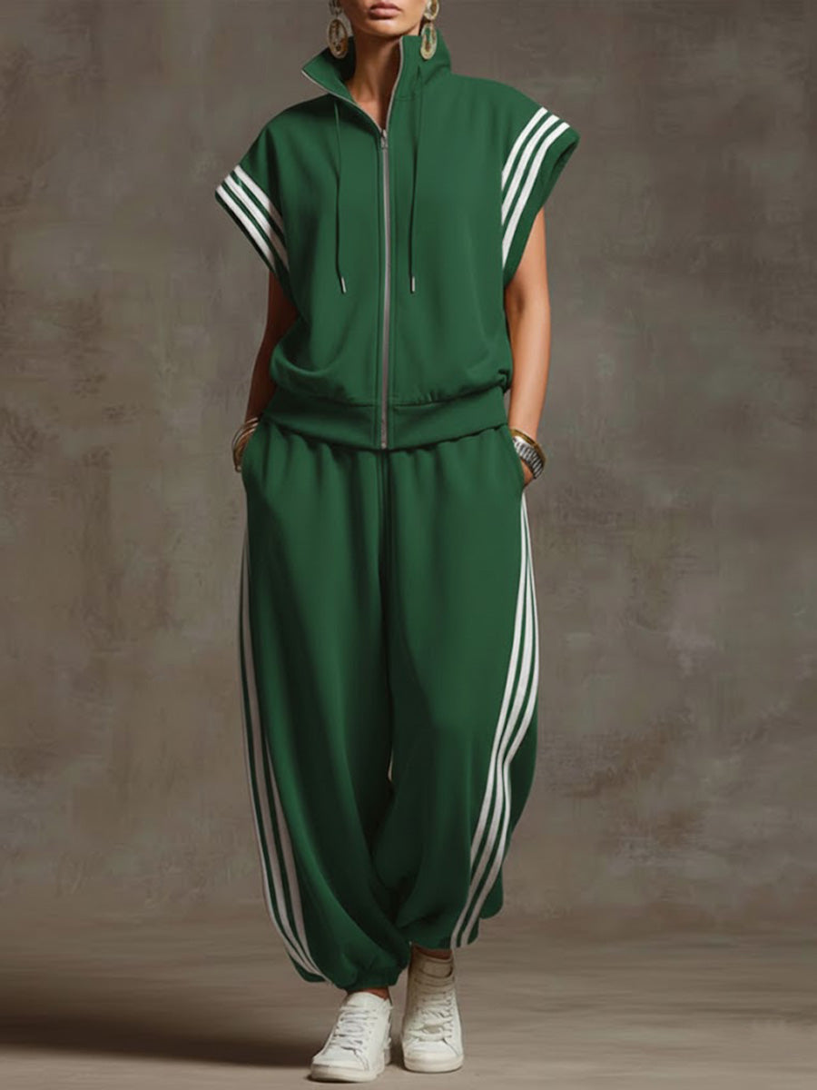 🎁New Arrivals🔥Women's solid-color stand-collar short-sleeve casual cotton top and high-waisted wide-leg cotton pants set.