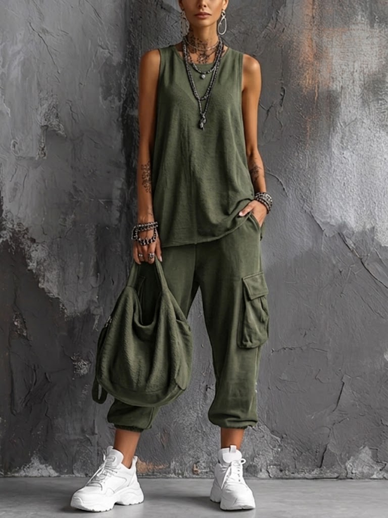 🎁New Arrivals🔥Casual Street-style Sleeveless Cotton T-shirt And Pants Two-piece Set