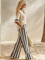 🎁New Arrivals🔥Beige Textured Cotton-linen Color-block Top & Blue-white Striped Elastic Waist Wide-leg Pants Set