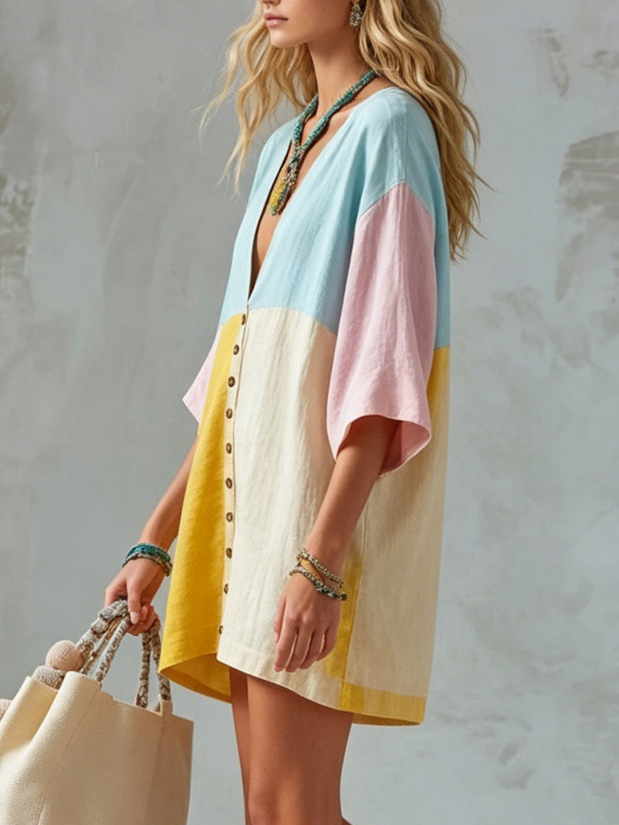 🎁New Arrivals🔥Women's Casual Loose-fit Color-block Cotton-linen Short-sleeve Mini Dress