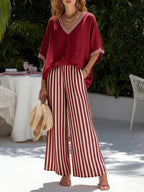 💝💝Casual Two-piece Set: Striped Linen & Cotton Patchwork Top And Striped Trousers— Look Put Together in 5 Seconds