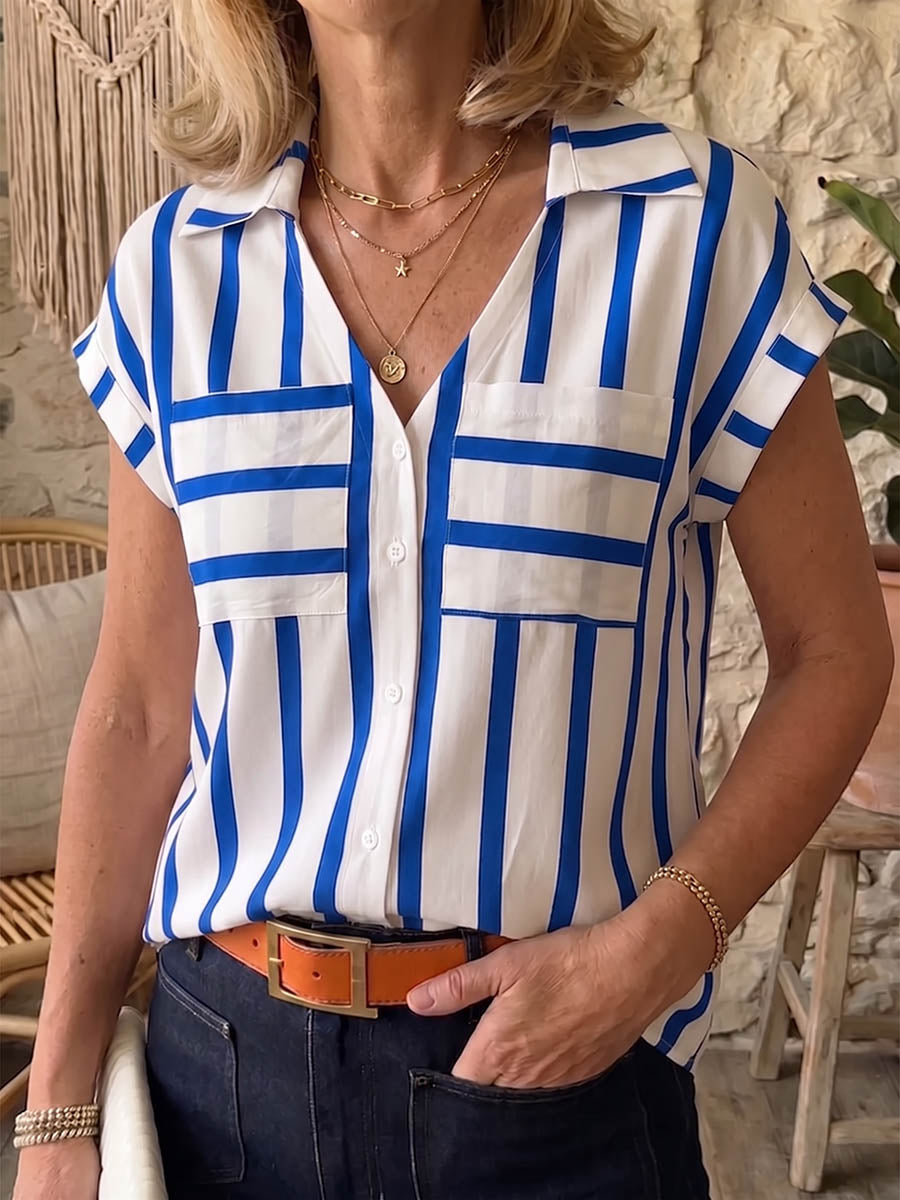 🎁New Arrivals🔥Women's Striped V-neck Short-sleeve Casual Loose Cotton-linen Shirt